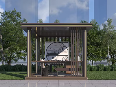 Chinese Style Outdoor Pavilion With Wooden Lattice Structure And Garden Greenery 3d model