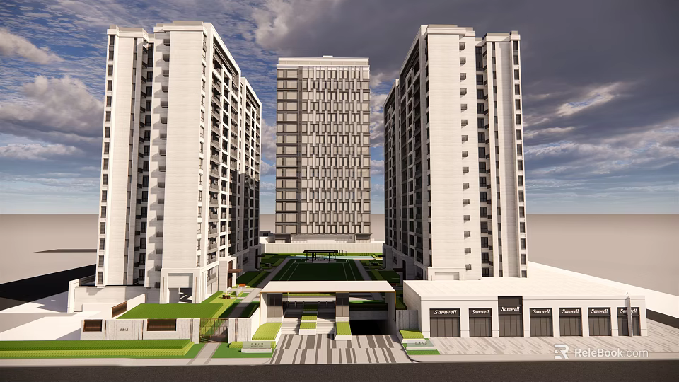 Modern High Rise Residential Buildings With Contemporary Design And Landscaped Courtyard 3d model 