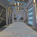 Elegant KTV Corridor Interior With Chandeliers Geometric Wall Decor And Marble Floor