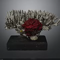 Sculptural Coral Structure With Grayish White Branches And Vibrant Red Center On Black Base
