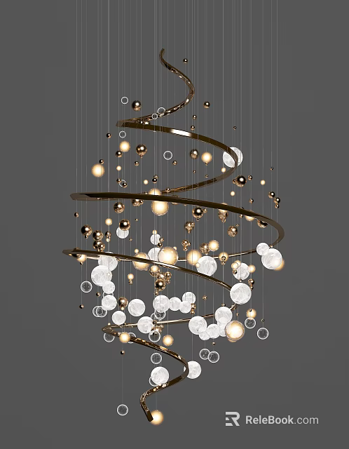 Modern Spiral Chandelier With Gold Frame White Spherical Bulbs And Decorative Rings 3d model 