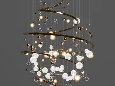 Modern Spiral Chandelier With Gold Frame White Spherical Bulbs And Decorative Rings 3d model