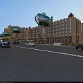 Scenic Commercial Street With Multi Story Buildings Decorative Billboards And Passing Vehicles