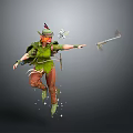 Woman in Green Outfit With Feathered Hat Holding Spear Jumping With Glowing Stars Around