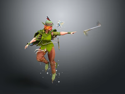 Woman in Green Outfit With Feathered Hat Holding Spear Jumping With Glowing Stars Around 3d model