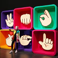 Person Standing In Front Of Colorful Square Panels With Hand Gesture Designs