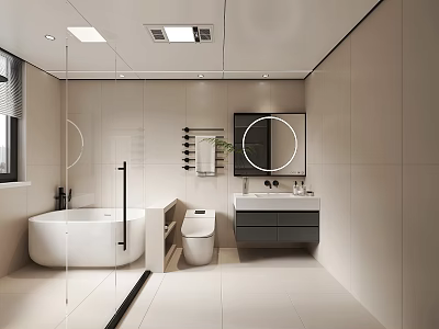 Modern Bathroom Interior Design With White Bathtub Toilet Vanity Sink And Round Mirror 3d model