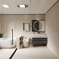 Modern Bathroom Interior Design With White Bathtub Toilet Vanity Sink And Round Mirror