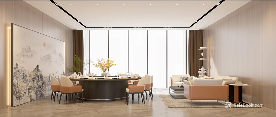 Modern Restaurant Interior Design With Round Dining Table Vase Brown Curtains And Sofa 3d model