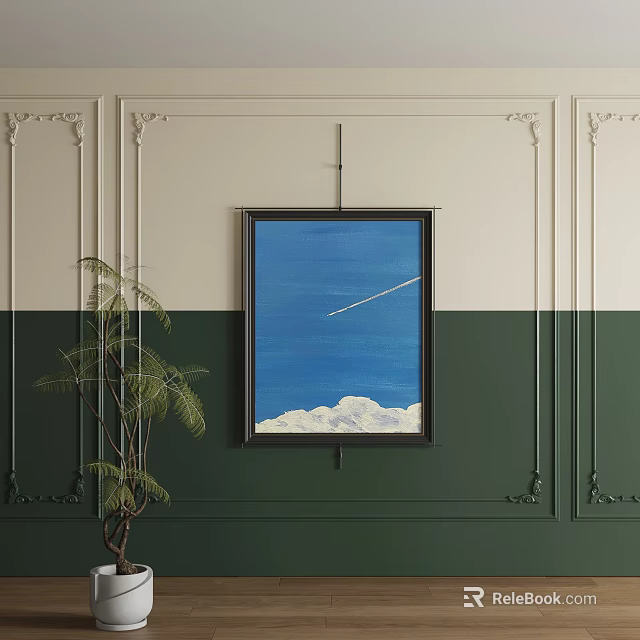 Abstract Painting on Green and Beige Decorative Wall with Blue Sky White Clouds and Plant 3d model 
