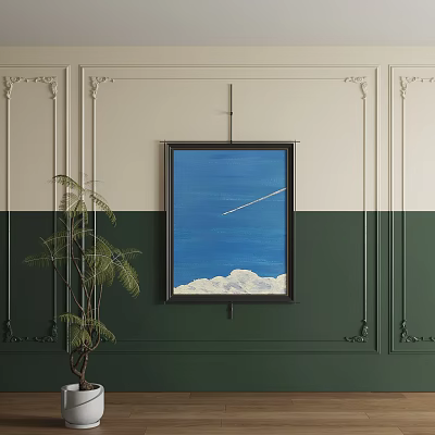 Abstract Painting on Green and Beige Decorative Wall with Blue Sky White Clouds and Plant 3d model