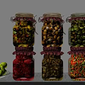 Glass Spice Jars with Airtight Lids Holding Olives Chili Peppers and Colorful Diced Vegetables