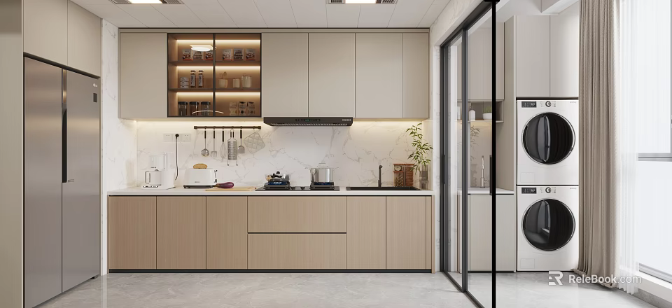 Modern Kitchen Interior Design With Light Colored Cabinets Marble Countertop And Appliances 3d model 