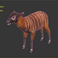 Red and White Striped Animal Standing on Reflective Gray Surface with Distinctive Appearance