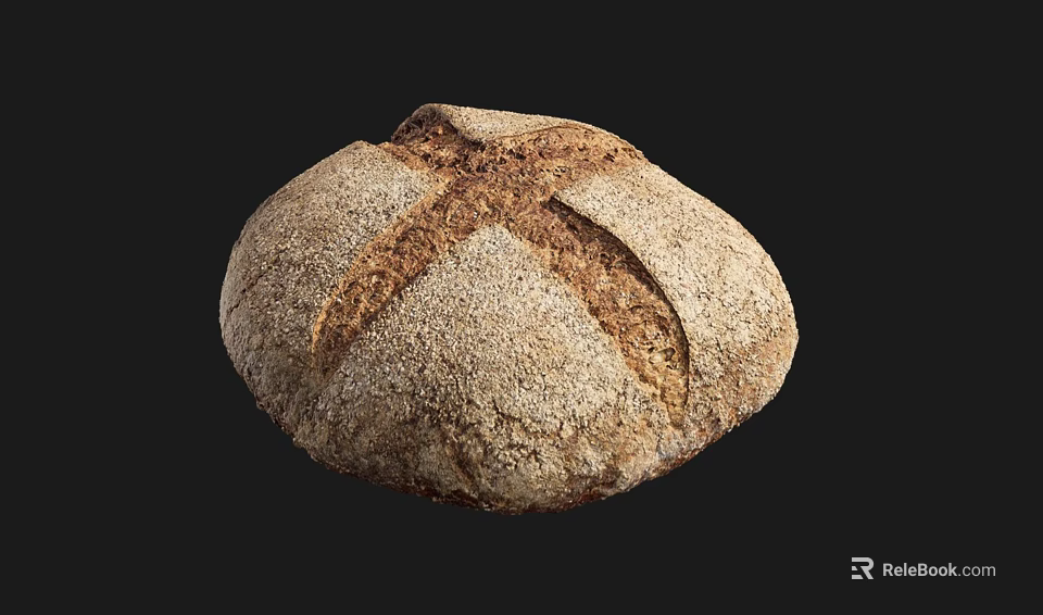 Round Artisan Bread With Cross Pattern On Light Brown Crust And Black Background 3d model