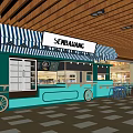 Turquoise Café Kiosk With Striped Awning Display Case Counter And Blue Chairs In Mall Interior