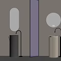 Modern Bathroom Interior With Pedestal Sinks Round Mirrors And Glass Partitions