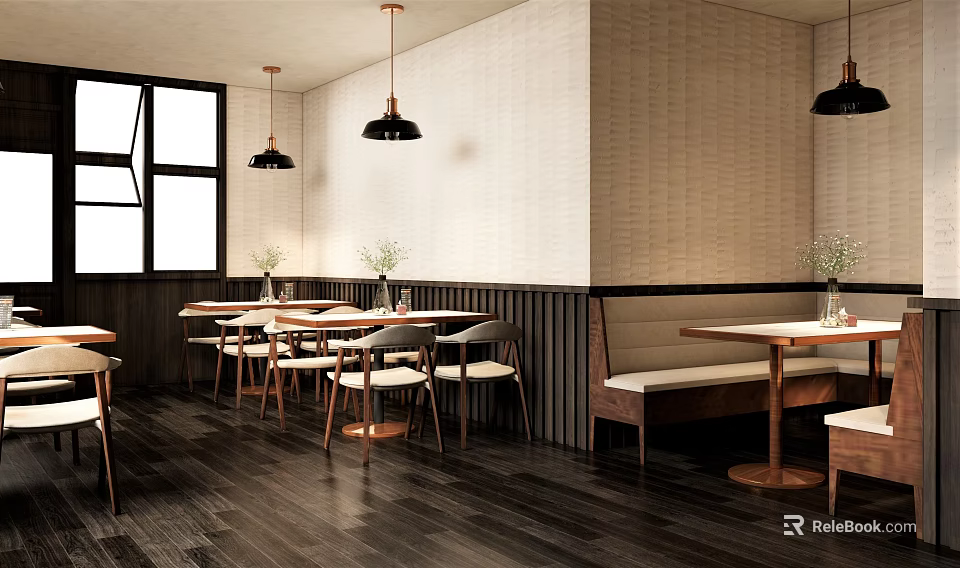 Modern Restaurant Interior With Pendant Lights Wooden Tables Bench Seating And Windows 3d model 