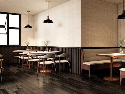 Modern Restaurant Interior With Pendant Lights Wooden Tables Bench Seating And Windows 3d model
