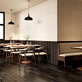 Modern Restaurant Interior With Pendant Lights Wooden Tables Bench Seating And Windows