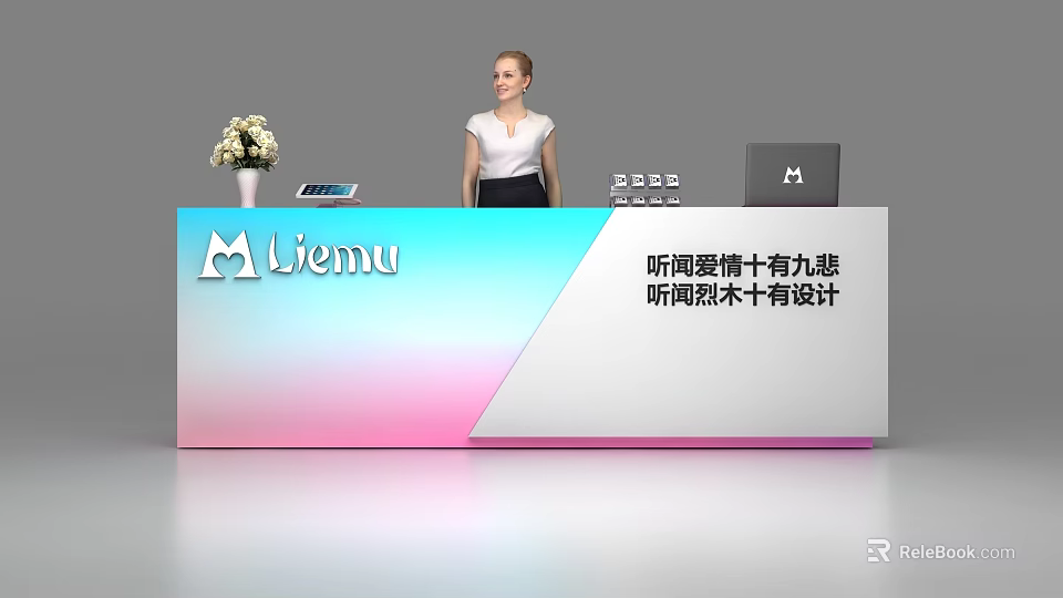 Gradient Colored Reception Desk With Menu Logo Flower Vase Tablet Device And Female Receptionist 3d model 