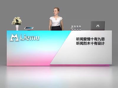 Gradient Colored Reception Desk With Menu Logo Flower Vase Tablet Device And Female Receptionist 3d model