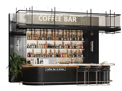 Modern Coffee Bar Interior With Shelves Full Of Bottles Stools And Green Plants 3d model