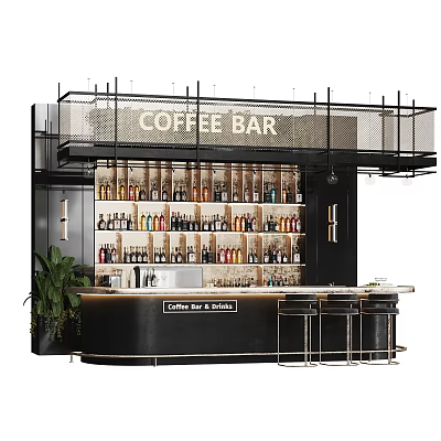 Modern Coffee Bar Interior With Shelves Full Of Bottles Stools And Green Plants 3d model