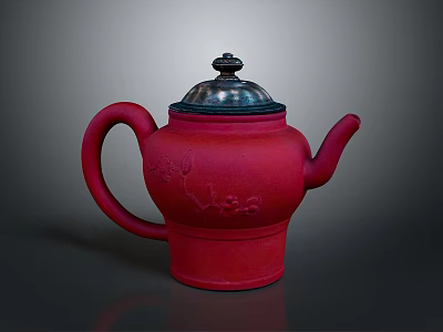 Decorative Red Ceramic Teapot With Silver Lid And Intricate Engraved Floral Patterns 3d model