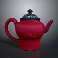 Decorative Red Ceramic Teapot With Silver Lid And Intricate Engraved Floral Patterns