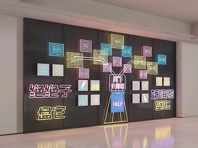 Modern Photo Check In Spot With Colorful Neon Square Lights Chinese Characters And Wall Design 3d model