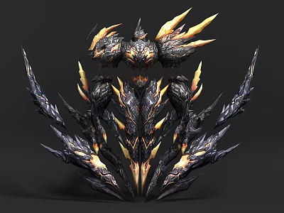 Game Movie Character Featuring Spiked Armor Flaming Elements And Intricate Mechanical Design 3d model