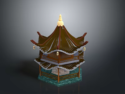 Traditional Chinese Pavilion With Multi tiered Brown Roof Golden Top Hanging Lanterns And Blue Base 3d model