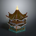 Traditional Chinese Pavilion With Multi tiered Brown Roof Golden Top Hanging Lanterns And Blue Base