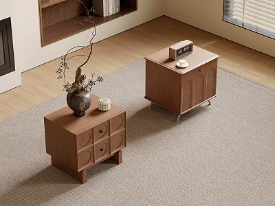 Cozy Bedroom Interior With Wooden Nightstands Vase Alarm Clock And Basket On Rug 3d model