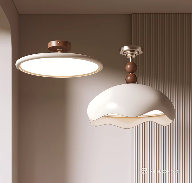 Two Modern Ceiling Lights With Unique Designs And Wood Accents 3d model 