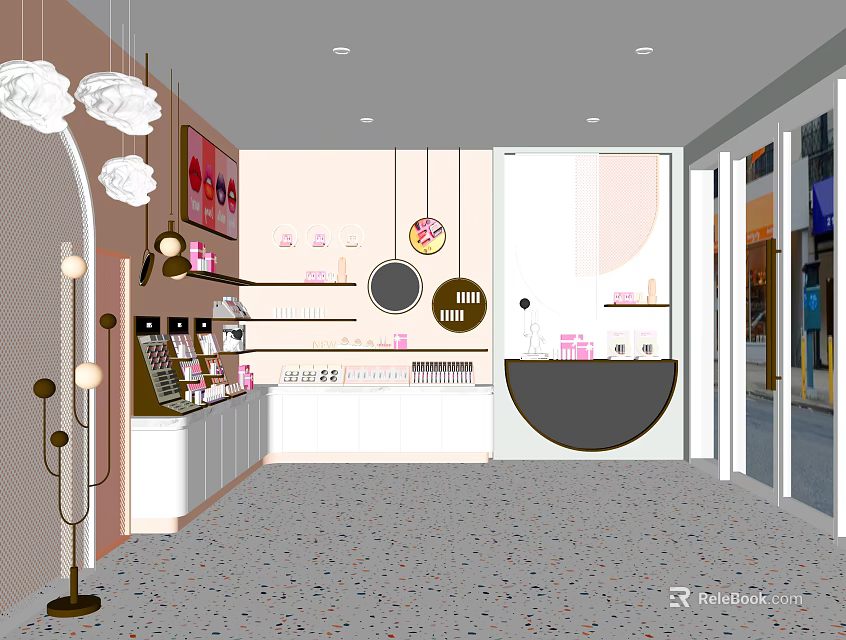 Modern Specialty Store Interior With Pink White Display Counters Hanging Lights And Wall Art 3d model 