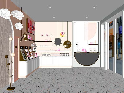 Modern Specialty Store Interior With Pink White Display Counters Hanging Lights And Wall Art 3d model