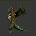Fantasy Character Design Of Mythical Dragon Creature With Green Orange Wings And Horns