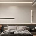 Modern Bedroom Interior With Gray Bed Linens Wooden Flooring Bedside Lamps And Wardrobe