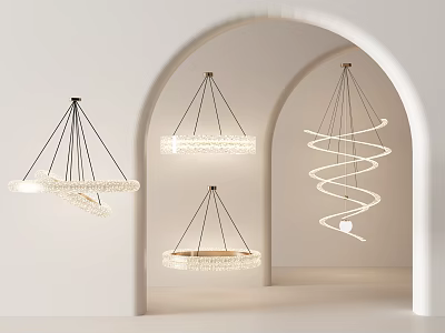Modern Design Chandeliers With Spiral And Ring Shapes In Arched Doorway Setting 3d model