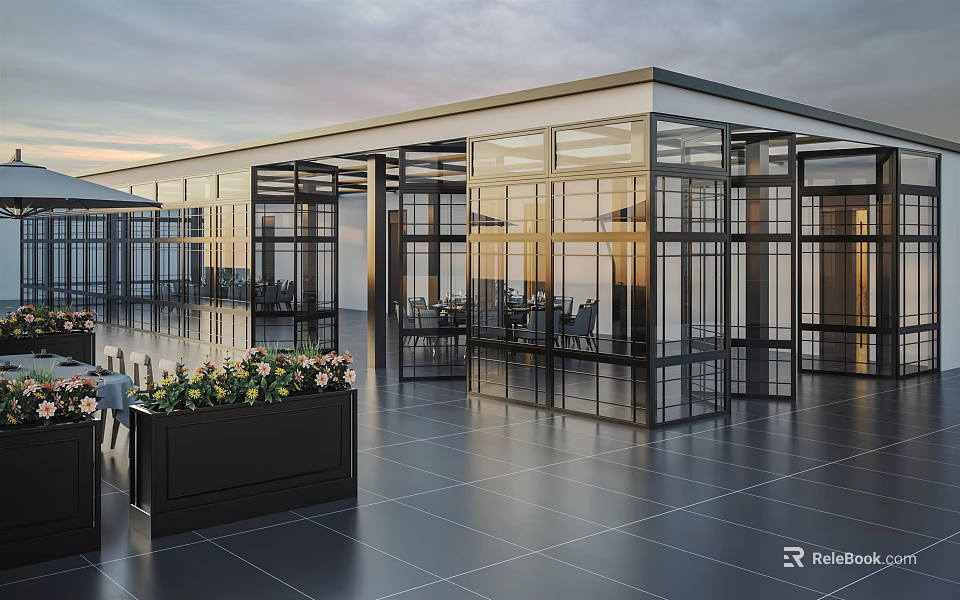 Modern Terrace Restaurant With Glass Walls Tiled Floor Outdoor Seating And Plants 3d model 