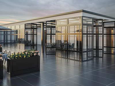 Modern Terrace Restaurant With Glass Walls Tiled Floor Outdoor Seating And Plants 3d model