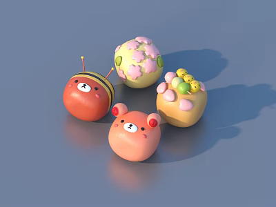Cute Cartoon Themed Food Snacks With Bear Faces And Flower Decorations 3d model