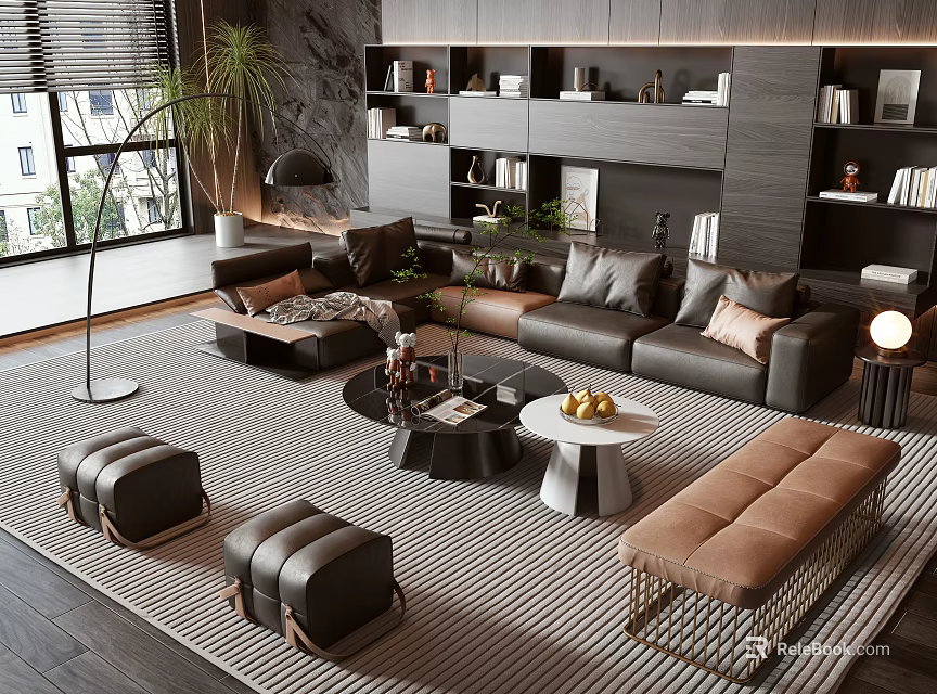 Modern Living Room Sofa and Coffee Table Set With Striped Rug Floor Lamp And Bookshelves 3d model 