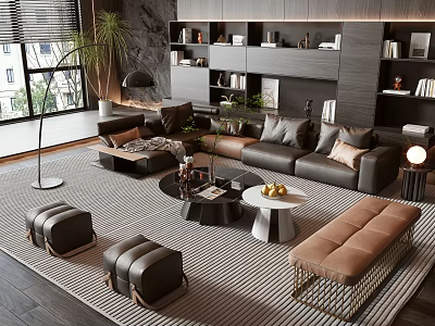 Modern Living Room Sofa and Coffee Table Set With Striped Rug Floor Lamp And Bookshelves 3d model