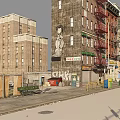 New York Urban Street Scene With Multi Story Buildings Red Fire Escapes And Store Signs