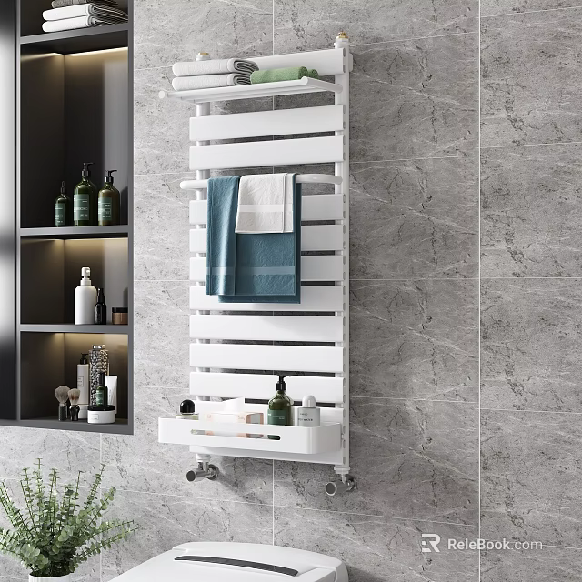 White Wall Mounted Bathroom Cabinet Rack with Towel Bars and Toiletries on Gray Marble Wall 3d model 