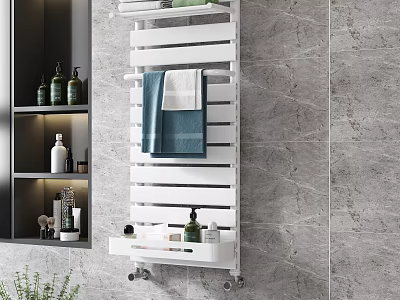 White Wall Mounted Bathroom Cabinet Rack with Towel Bars and Toiletries on Gray Marble Wall 3d model