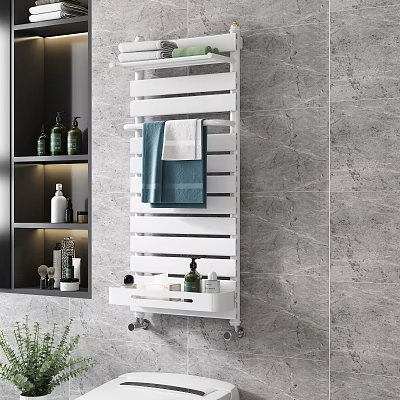 White Wall Mounted Bathroom Cabinet Rack with Towel Bars and Toiletries on Gray Marble Wall 3d model